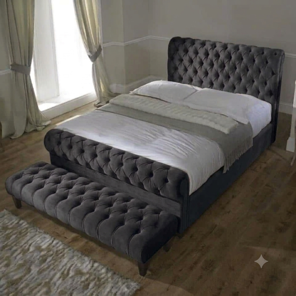 Luxury Chesterfield Sleigh Bed Frame with Matching Footstool & Ottoman Storage | Plush & Velvet Upholstered