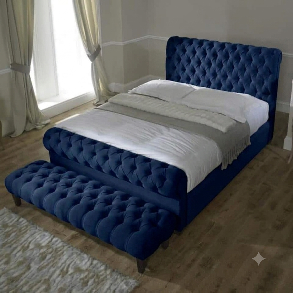 Luxury Chesterfield Sleigh Bed Frame with Matching Footstool & Ottoman Storage | Plush & Velvet Upholstered