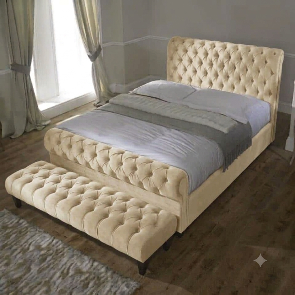Luxury Chesterfield Sleigh Bed Frame with Matching Footstool & Ottoman Storage | Plush & Velvet Upholstered