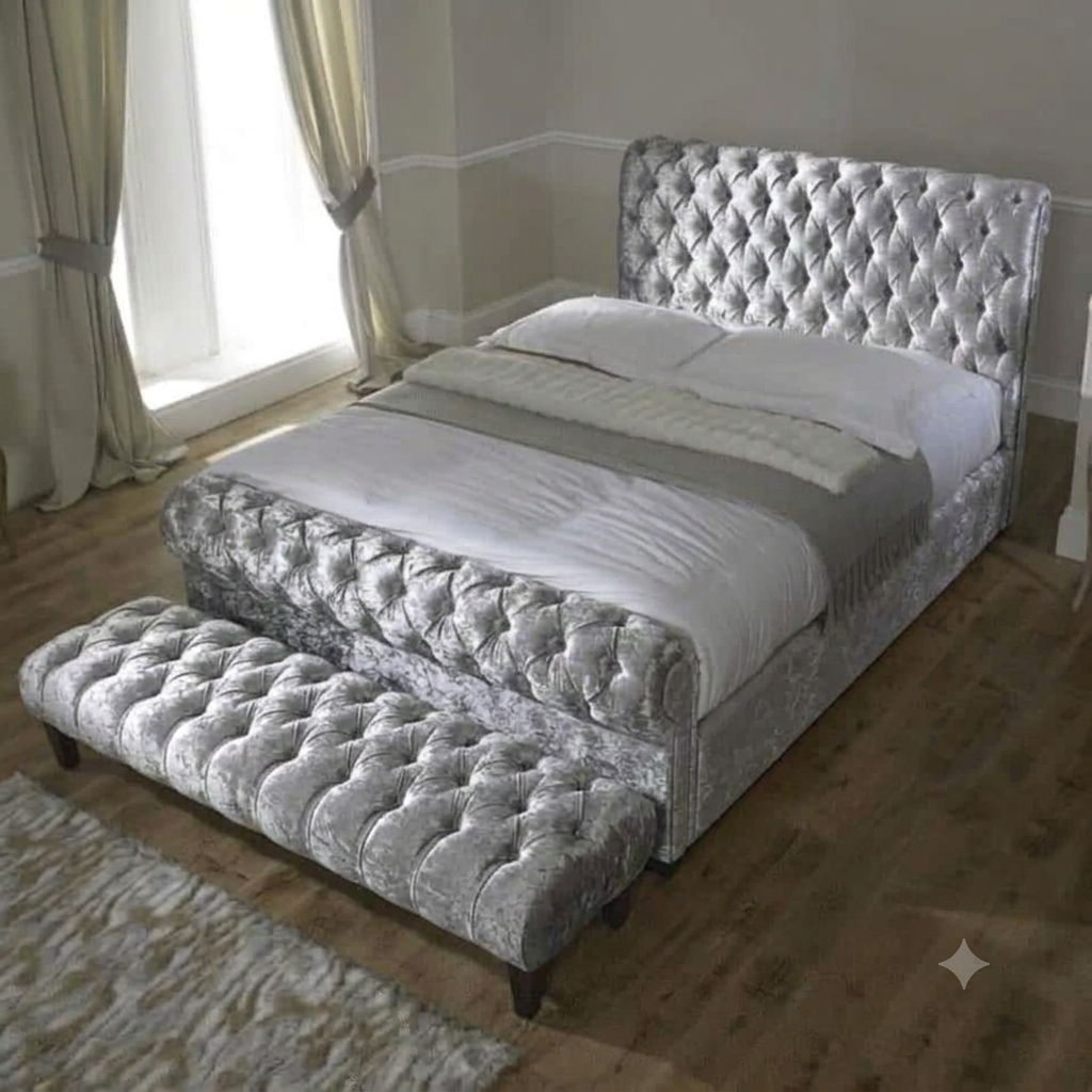 Luxury Chesterfield Sleigh Bed Frame with Matching Footstool & Ottoman Storage | Plush & Velvet Upholstered