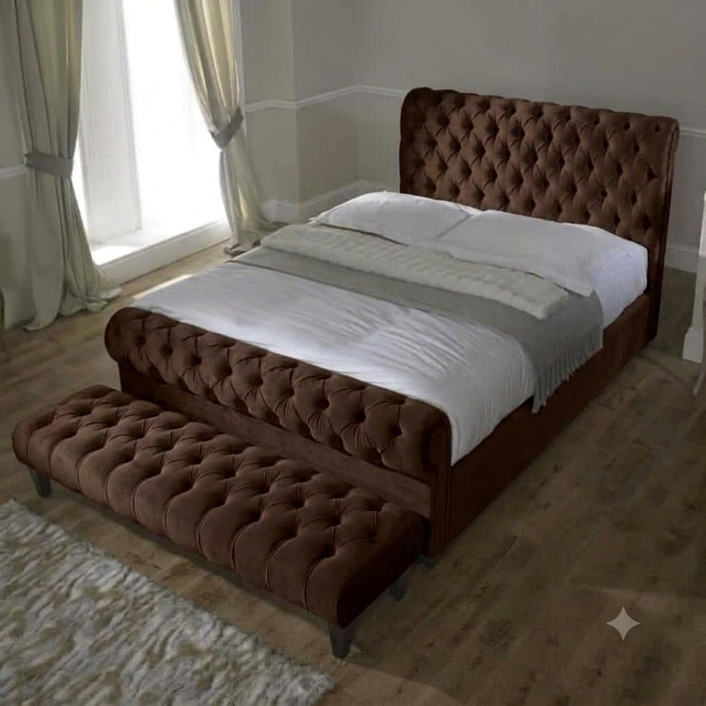 Luxury Chesterfield Sleigh Bed Frame with Matching Footstool & Ottoman Storage | Plush & Velvet Upholstered