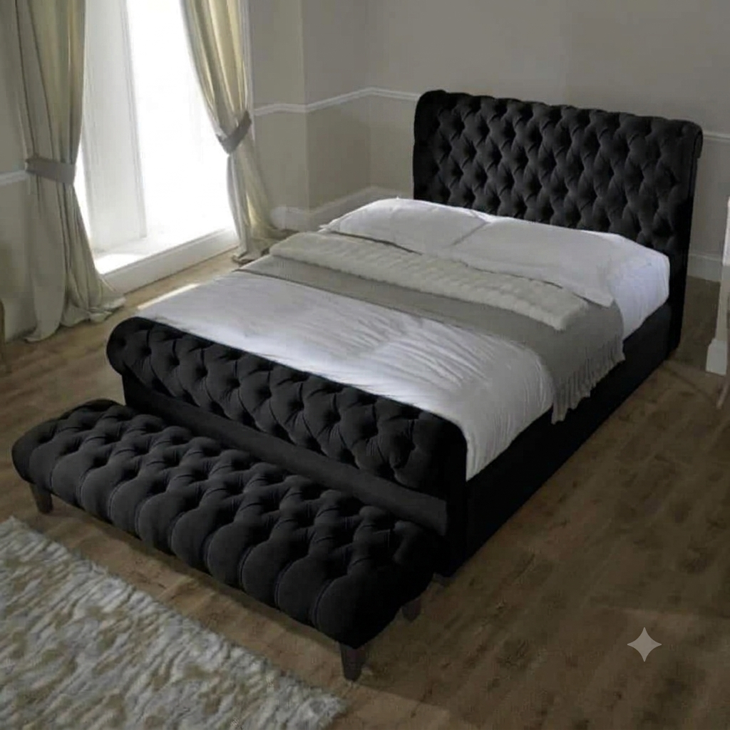 Luxury Chesterfield Sleigh Bed Frame with Matching Footstool & Ottoman Storage | Plush & Velvet Upholstered