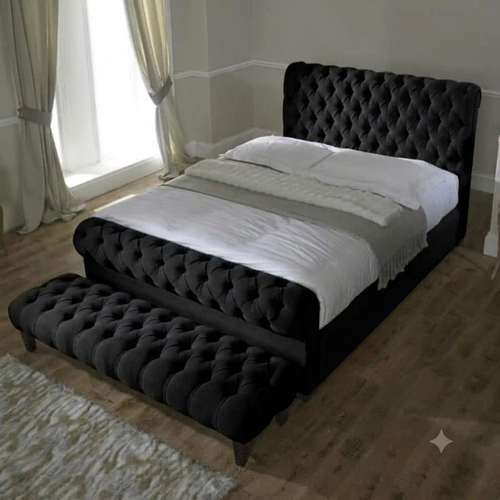 Luxury Chesterfield Sleigh Bed Frame with Matching Footstool & Ottoman Storage | Plush & Velvet Upholstered