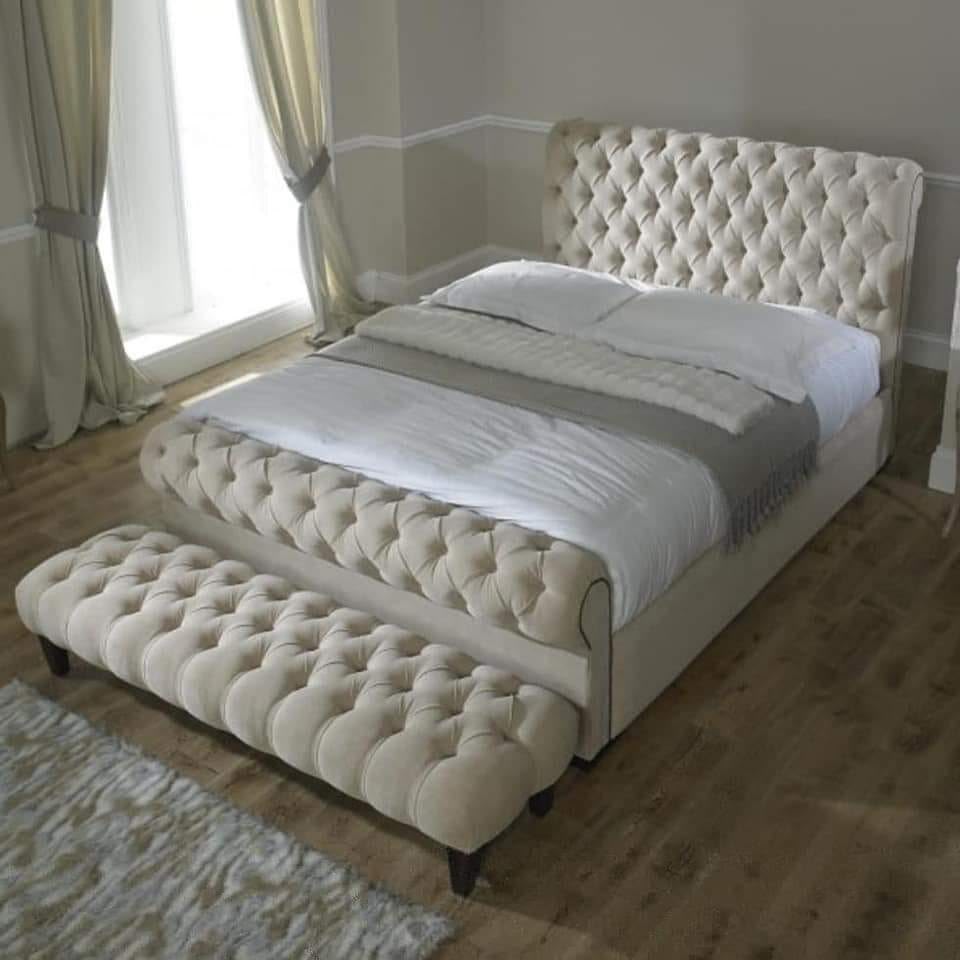Luxury Chesterfield Sleigh Bed Frame with Matching Footstool & Ottoman Storage | Plush & Velvet Upholstered