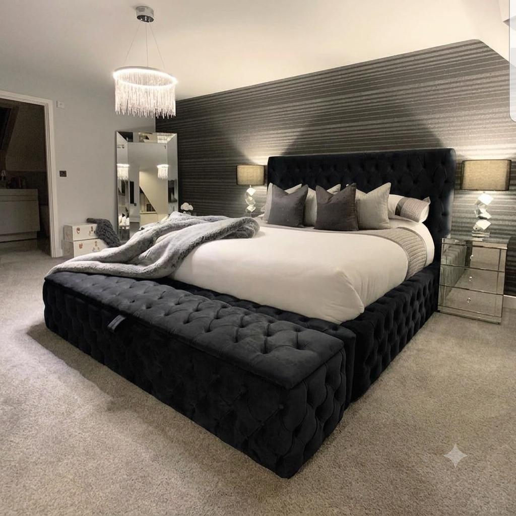 AMBASSADOR Chesterfield Bed Frame – Luxury Velvet Upholstered Bed with Matching Ottoman Box | Single, Double, King & Super King