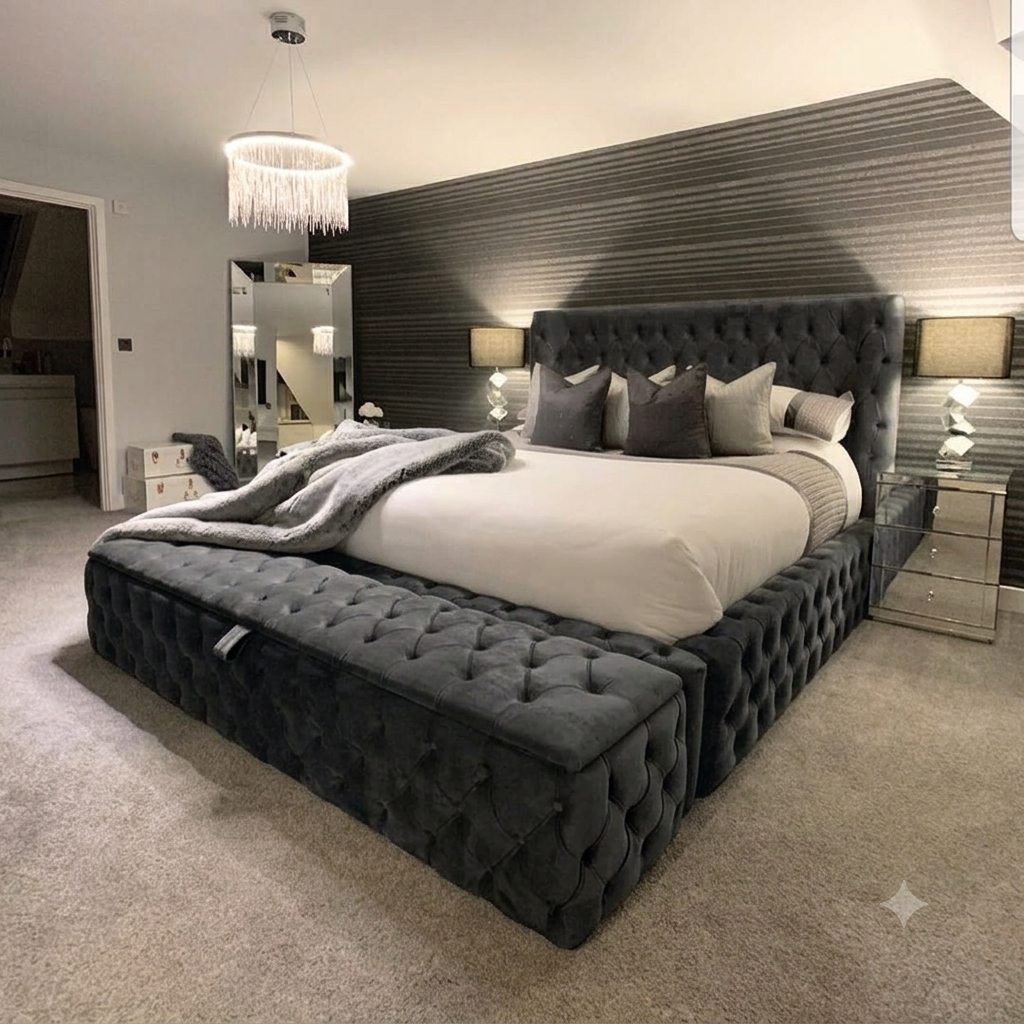 AMBASSADOR Chesterfield Bed Frame – Luxury Velvet Upholstered Bed with Matching Ottoman Box | Single, Double, King & Super King