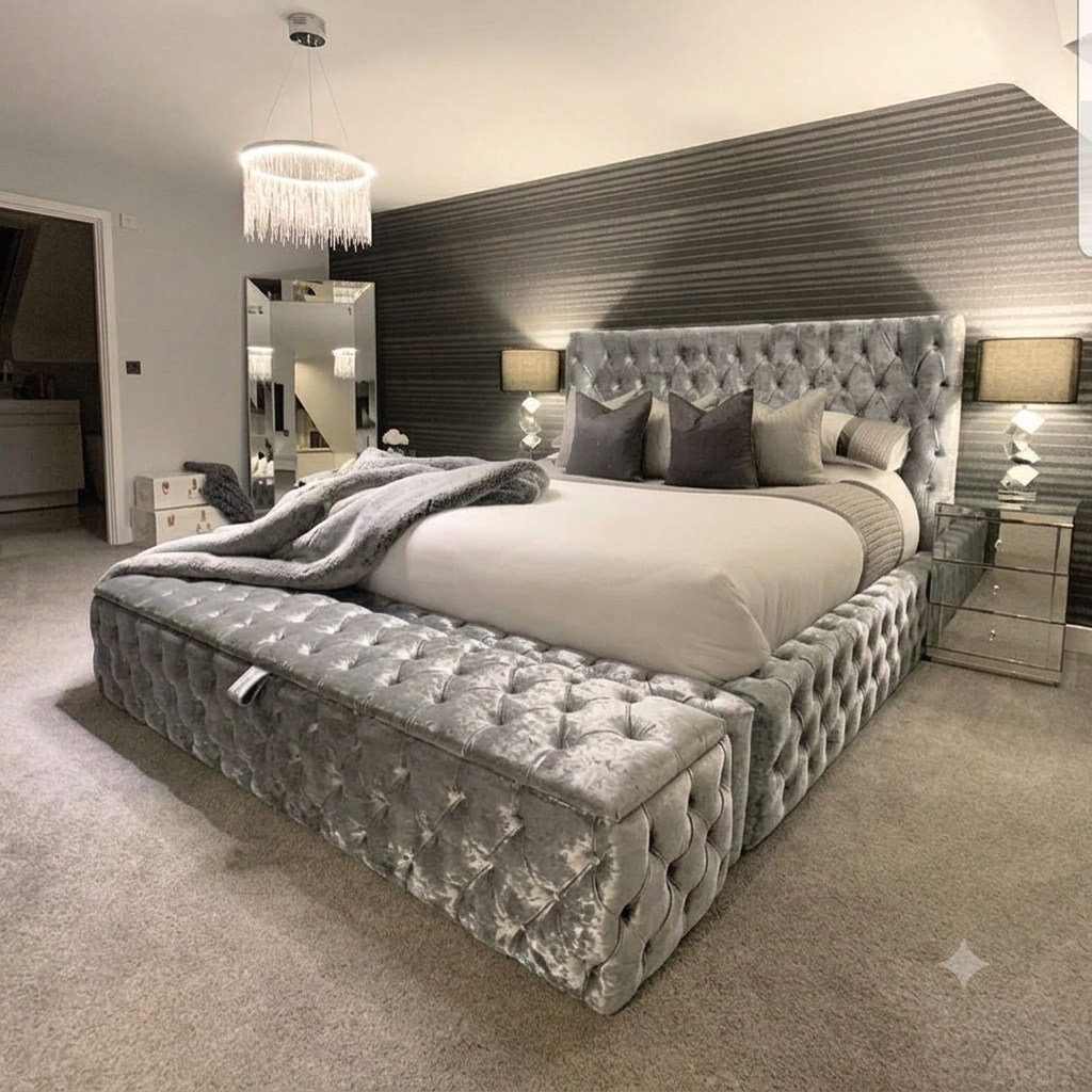 AMBASSADOR Chesterfield Bed Frame – Luxury Velvet Upholstered Bed with Matching Ottoman Box | Single, Double, King & Super King